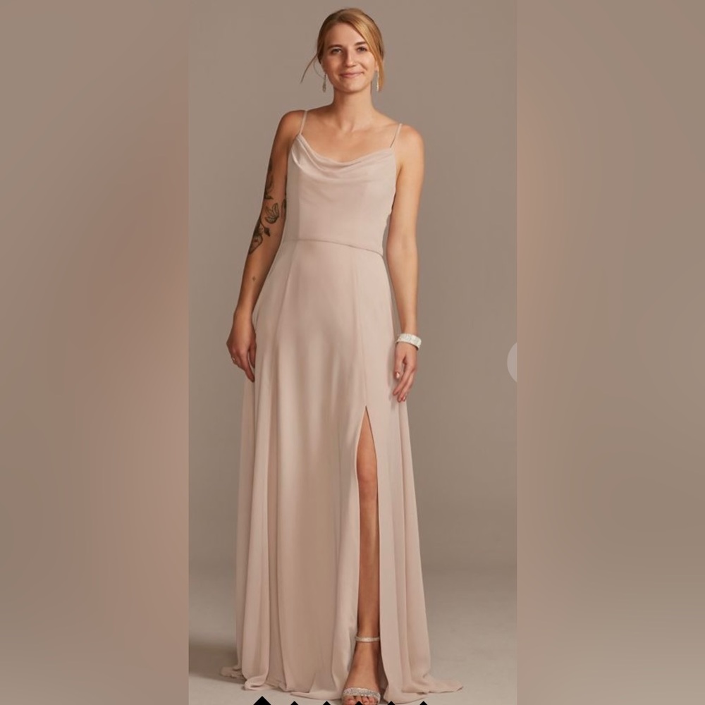 Cowl neck chiffon dress with slits Davids bridal size 4 color biscotti.